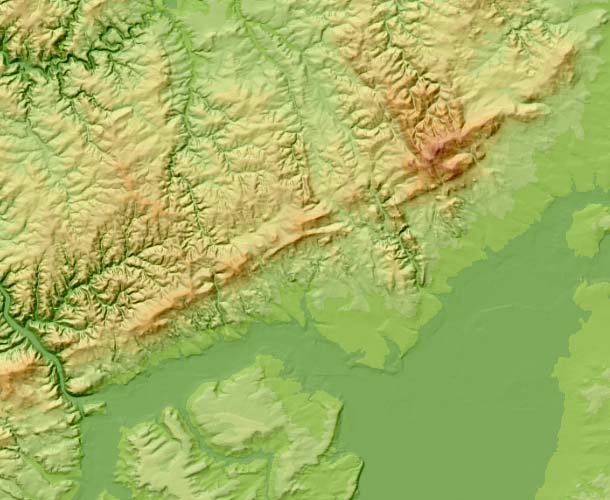 Farbcodierte DGM1000-Darstellung erzeugt vom Bundesamt für Kartographie und Geodäsie DGM-Bereich: Taunus